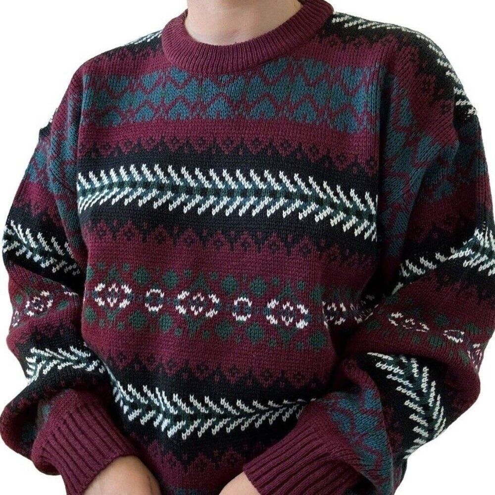 Vintage 1980s Crew Neck Geometric Ugly Christmas Sweater Preppy Sz M